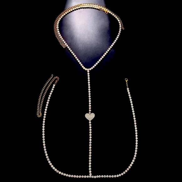NEW: Bling Rhinestone Love Heart Chest Chain Harness Bra Necklace - Picture 2 of 4